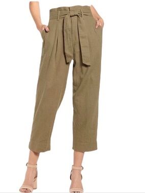 Madewell Paper Bag Waist Moss Olive Green Linen High Rise Cropped Casual Pant 10